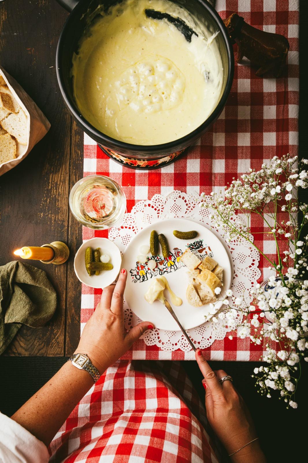 Fondue spread with accompaniments